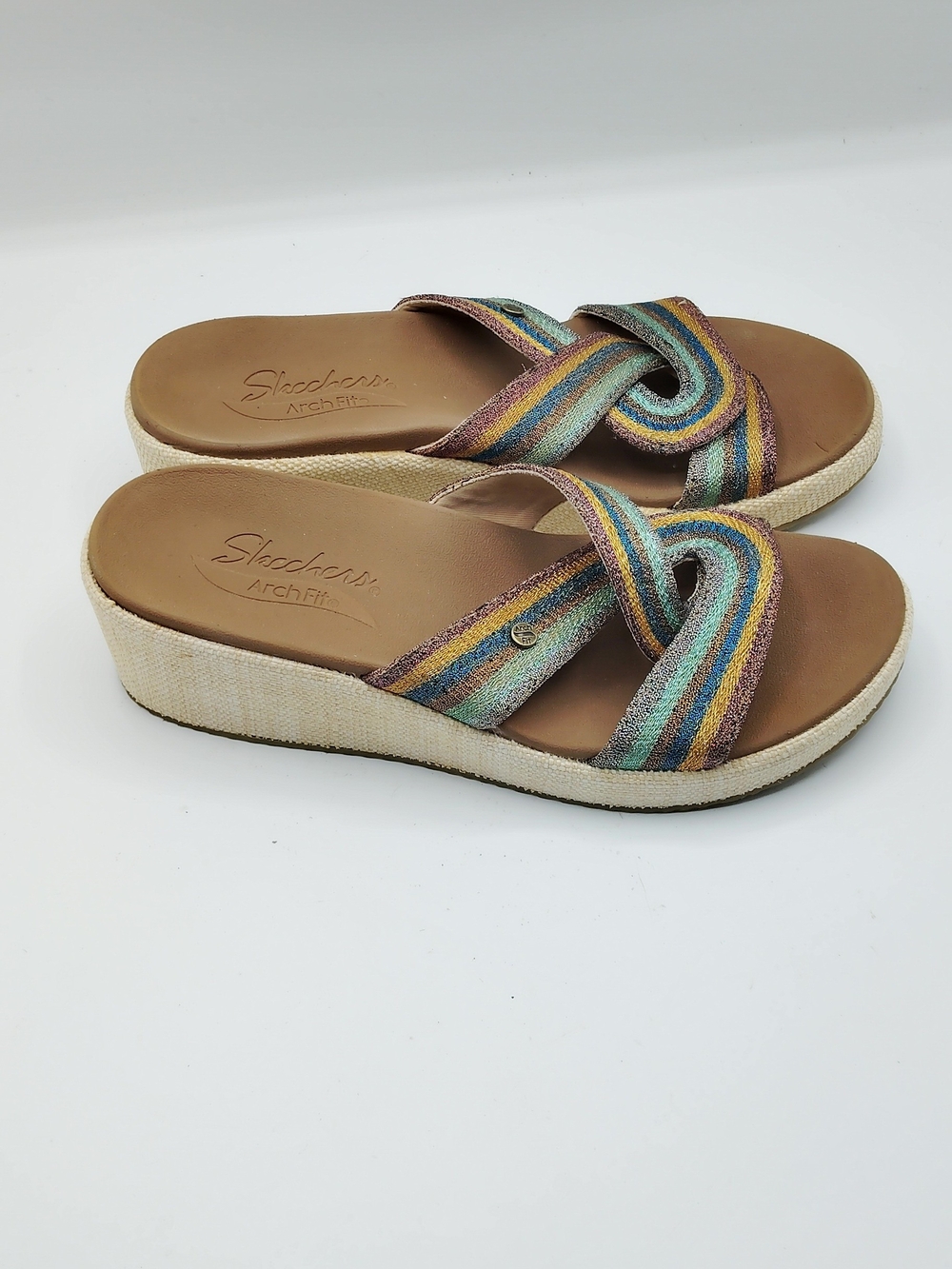 Skechers Striped Cross-Band Slide Sandals in Teal, Blue, Yellow and Pink